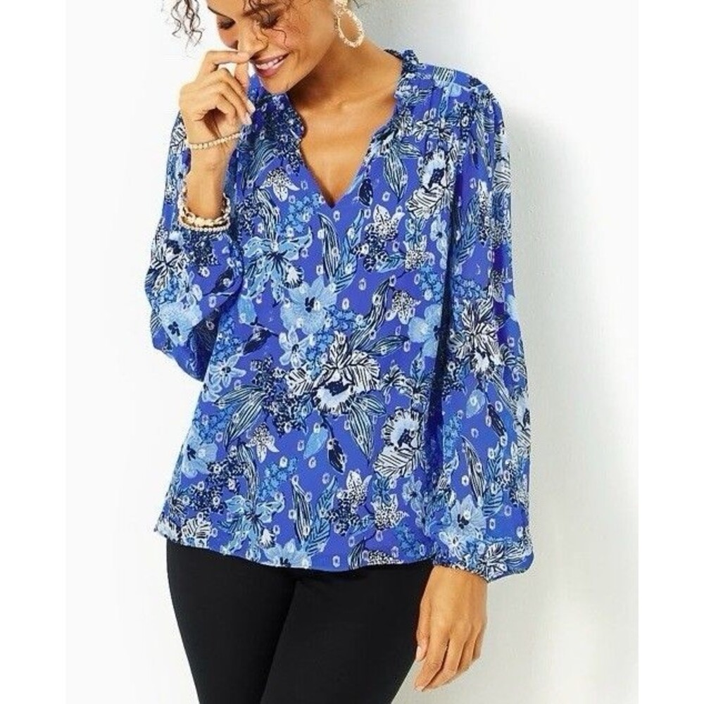 Lilly Pulitzer Giana Long Sleeve Top Alba Blue Cruisin Together Metallic L Chic
